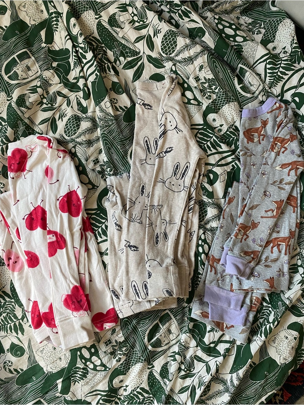 Kids Cotton Pajama Bundle - Pink Heart, Beige Bunny, Gray Fox Prints
